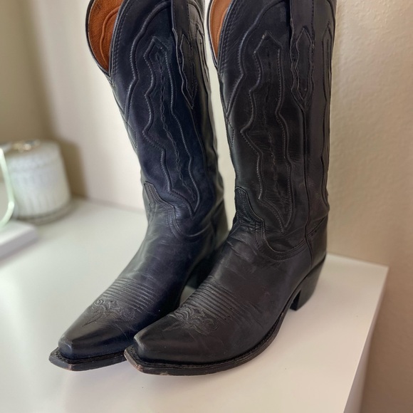 Lucchese Black Heeled Boots with Intricate Stitching - Picture 2 of 5